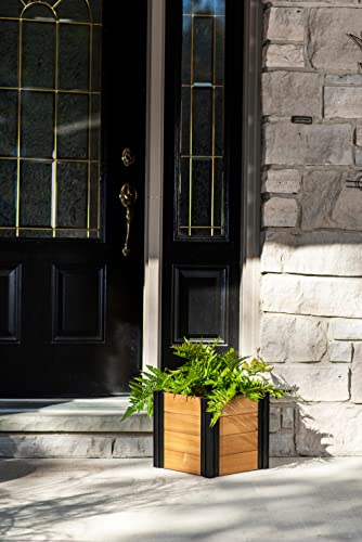 Vita Mezza 12 inch x 12 inch x 12 inch Cedar Cube Planter with Black Aluminum Posts, FSC, Golden Brown, Woodgrain, Pre-Stained, VT17727