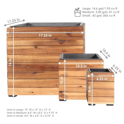 Sunnydaze Indoor/Outdoor Wooden Planter Boxes - 3 Acacia Wood Square Plant Pots with Removable Plastic Liners - Light Brown Stain