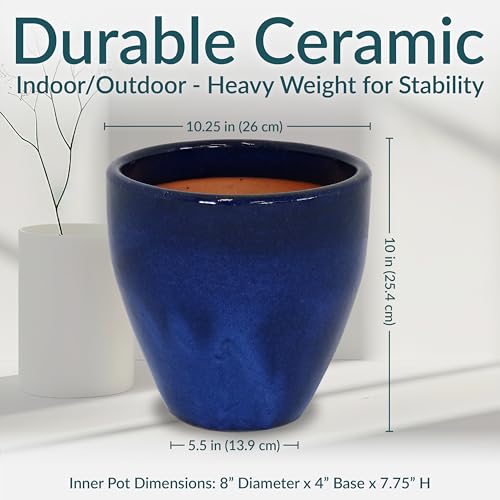 Sunnydaze Round Ceramic Planter - Set of 2 Indoor or Outdoor Plant Pots with Drainage Hole - 10