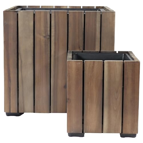 Sunnydaze Indoor/Outdoor Wooden Planter Boxes - 2 Acacia Wood Square Plant Pots with Plastic Liners - Anthracite Stain