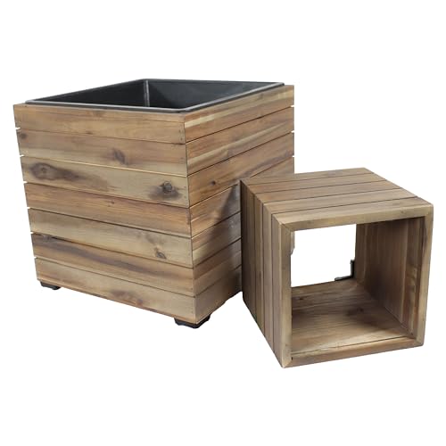 Sunnydaze Outdoor Wooden Planter Boxes - 2 Acacia Wood Square Plant Pots with Removable Liners - Anthracite Stain