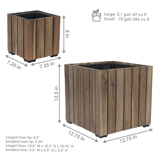 Sunnydaze Indoor/Outdoor Wooden Planter Boxes - 2 Acacia Wood Square Plant Pots with Plastic Liners - Anthracite Stain
