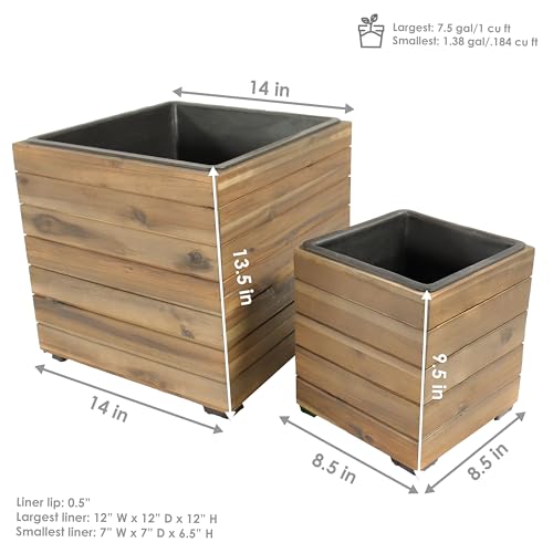 Sunnydaze Outdoor Wooden Planter Boxes - 2 Acacia Wood Square Plant Pots with Removable Liners - Anthracite Stain