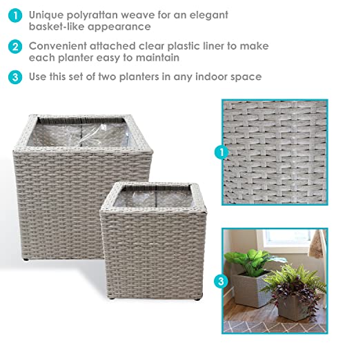 Sunnydaze Polyrattan Square Indoor Planters Set - Includes 14-Inch Square and 11-Inch Square Modern Decorative Planter - Features Attached Clear Polypropylene Liner - Gray