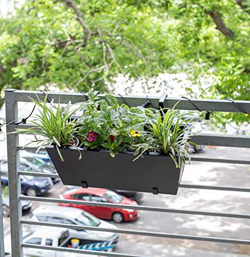 BIRDROCK HOME Metal Railing Planter Box - Adjustable Hanging Flower Pot Holder for Balcony, Deck, Fence, Porch, or Patio - Outdoor Iron Garden Plant Pot - Window Box for Apartment Railings - 1 Pack