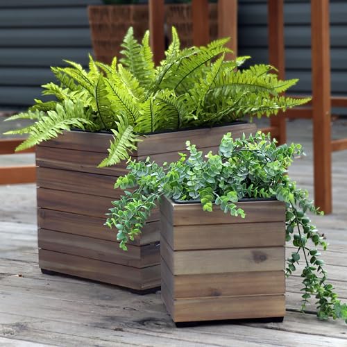 Sunnydaze Outdoor Wooden Planter Boxes - 2 Acacia Wood Square Plant Pots with Removable Liners - Anthracite Stain