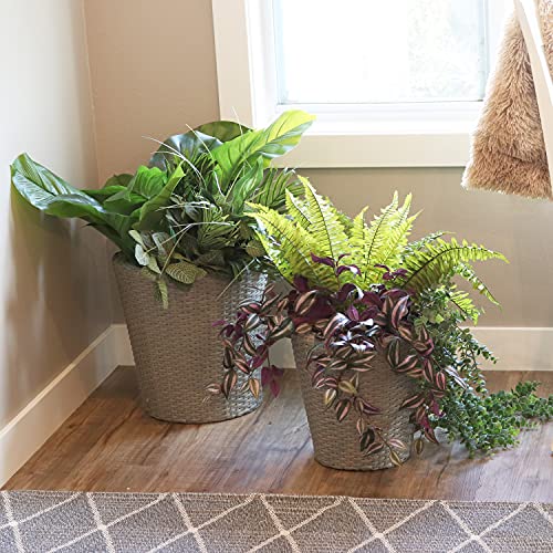 Sunnydaze Round Polyrattan Indoor Planter Set - Includes 14.5-Inch Diameter and 11.75-Inch Diameter Modern Decorative Planter - Features Attached Clear Polypropylene Liner - Gray