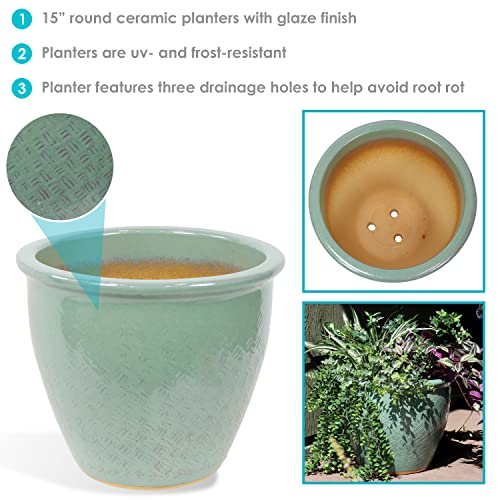Sunnydaze Large Ceramic Planter - Indoor or Outdoor Plant Pot with Drainage - Seaside Dreams Glaze Finish - 15