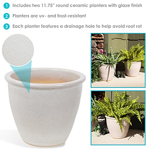 Sunnydaze Ocean Villa 11.75-Inch Outdoor Ceramic Planter - Set of 2 - Pearl Finish with Mineral Glaze