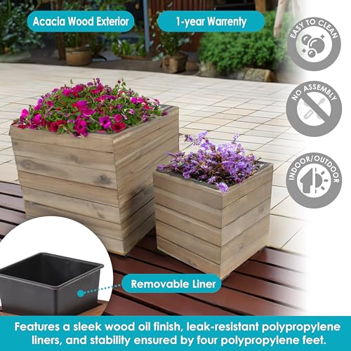 Sunnydaze Outdoor Wooden Planter Boxes - 2 Acacia Wood Square Plant Pots with Removable Liners - Anthracite Stain