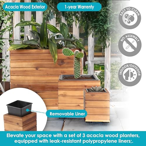 Sunnydaze Indoor/Outdoor Wooden Planter Boxes - 3 Acacia Wood Square Plant Pots with Removable Plastic Liners - Light Brown Stain