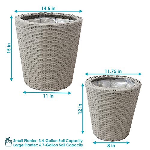 Sunnydaze Round Polyrattan Indoor Planter Set - Includes 14.5-Inch Diameter and 11.75-Inch Diameter Modern Decorative Planter - Features Attached Clear Polypropylene Liner - Gray