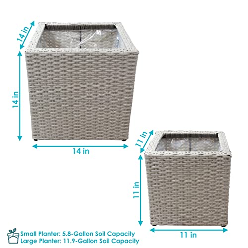 Sunnydaze Polyrattan Square Indoor Planters Set - Includes 14-Inch Square and 11-Inch Square Modern Decorative Planter - Features Attached Clear Polypropylene Liner - Gray
