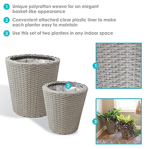 Sunnydaze Round Polyrattan Indoor Planter Set - Includes 14.5-Inch Diameter and 11.75-Inch Diameter Modern Decorative Planter - Features Attached Clear Polypropylene Liner - Gray