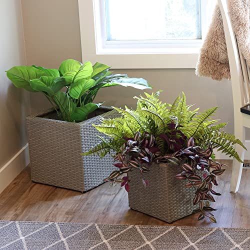 Sunnydaze Polyrattan Square Indoor Planters Set - Includes 14-Inch Square and 11-Inch Square Modern Decorative Planter - Features Attached Clear Polypropylene Liner - Gray