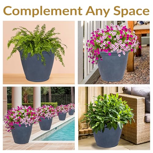 Sunnydaze 24-Inch Anjelica Large Plastic Pot for Plants - Outdoor Polyresin Round Planter with Drillable Drainage Holes - Slate - 3pk