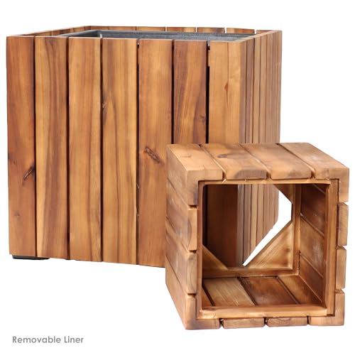 Sunnydaze Indoor/Outdoor Wooden Planter Boxes - 2 Acacia Wood Square Plant Pots with Plastic Liners - Light Brown Stain
