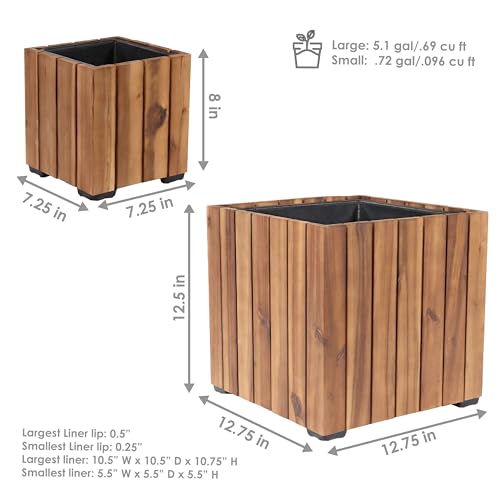 Sunnydaze Indoor/Outdoor Wooden Planter Boxes - 2 Acacia Wood Square Plant Pots with Plastic Liners - Light Brown Stain
