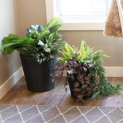 Sunnydaze Round Polyrattan Indoor Planter Set - Includes 14.5-Inch Diameter and 11.75-Inch Diameter Modern Decorative Planter - Features Attached Clear Polypropylene Liner - Black