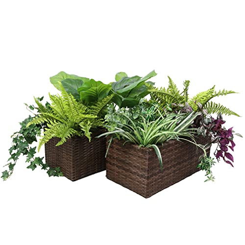 Sunnydaze 2-Section Rectangle Polyrattan Indoor Planters - 21.5 Inches W x 11.5 Inches D x 9.25 Inches H – Set of 2 - Brown