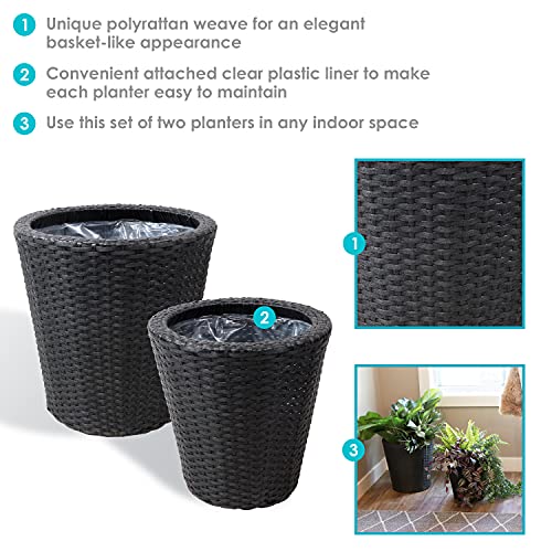 Sunnydaze Round Polyrattan Indoor Planter Set - Includes 14.5-Inch Diameter and 11.75-Inch Diameter Modern Decorative Planter - Features Attached Clear Polypropylene Liner - Black