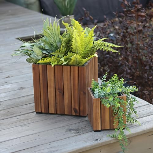 Sunnydaze Indoor/Outdoor Wooden Planter Boxes - 2 Acacia Wood Square Plant Pots with Plastic Liners - Light Brown Stain