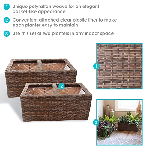 Sunnydaze 2-Section Rectangle Polyrattan Indoor Planters - 21.5 Inches W x 11.5 Inches D x 9.25 Inches H – Set of 2 - Brown