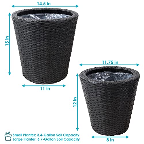 Sunnydaze Round Polyrattan Indoor Planter Set - Includes 14.5-Inch Diameter and 11.75-Inch Diameter Modern Decorative Planter - Features Attached Clear Polypropylene Liner - Black