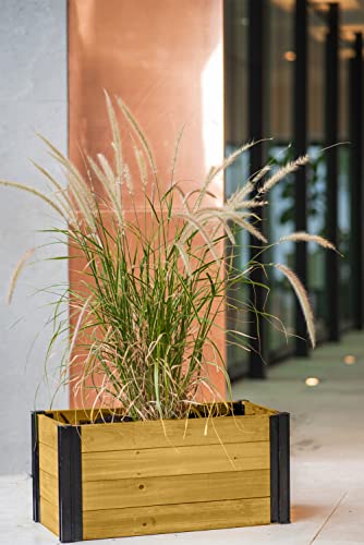 Vita Mezza 24 inch x 12 inch Cedar Planter with Black Aluminum Posts, FSC, Woodgrain, Golden Brown, Pre-Stained, VT17728