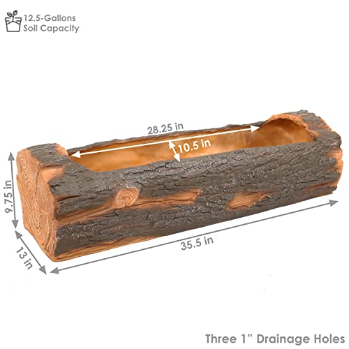 Sunnydaze 35-Inch Polyresin Rustic Log Planter with 3 Drainage Holes - 50-Quart Soil Capacity
