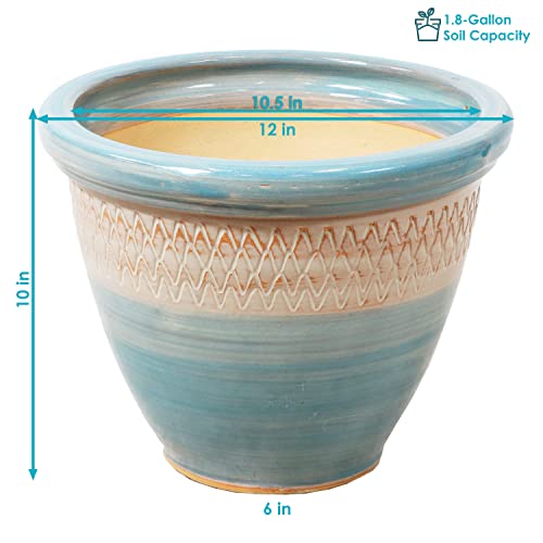 Sunnydaze Purlieu 12-Inch Outdoor/Indoor Ceramic Planters - Set of 2 -Shoreline