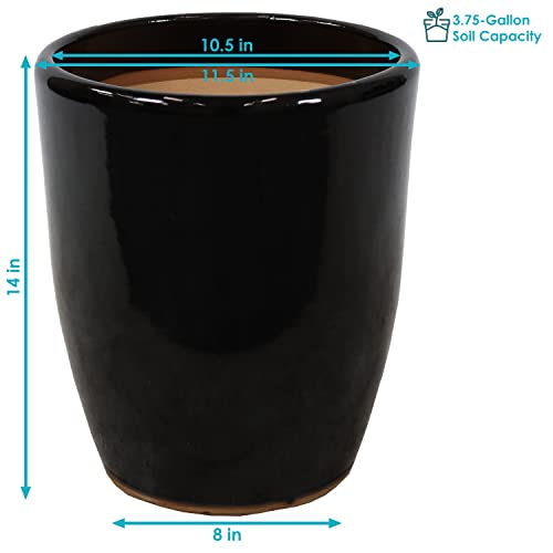 Sunnydaze Set of 2 Captivating Vista Ceramic Planters - Outdoor/Indoor Planter Pots with Drainage Hole for The Porch, Sunroom, or Yard - 11.5-Inch - Obsidian