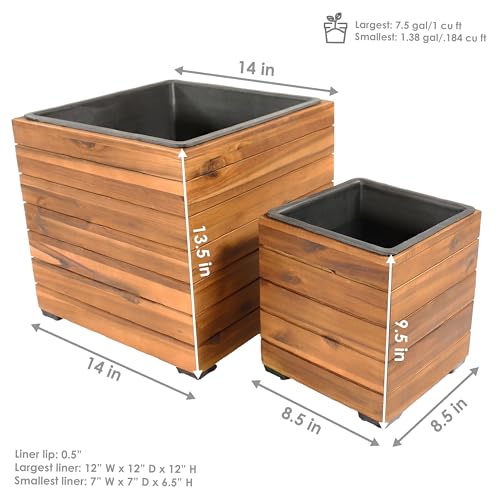 Sunnydaze Indoor/Outdoor Wooden Planter Boxes - 2 Acacia Wood Square Plant Pots with Removable Liners - Light Brown Stain