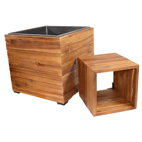 Sunnydaze Indoor/Outdoor Wooden Planter Boxes - 2 Acacia Wood Square Plant Pots with Removable Liners - Light Brown Stain