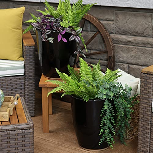 Sunnydaze Set of 2 Captivating Vista Ceramic Planters - Outdoor/Indoor Planter Pots with Drainage Hole for The Porch, Sunroom, or Yard - 11.5-Inch - Obsidian