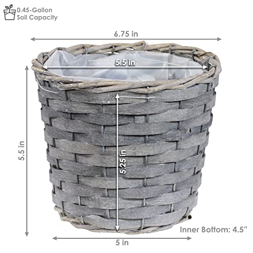 Sunnydaze 5-Piece Wicker Planter Basket Set - Indoor Use Only - Plastic Lined Flower Pots - Gray Poplar Construction with Steel Wire Frame - 6.75-Inch Diameter