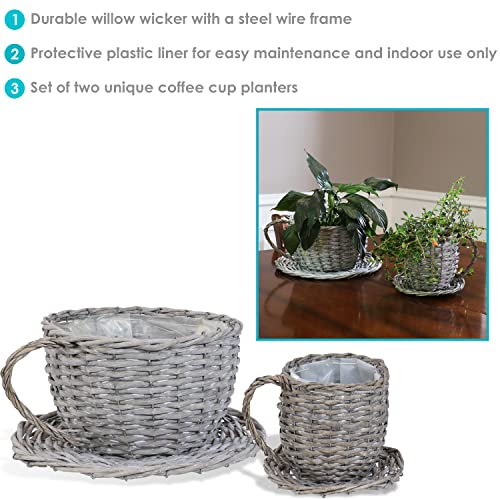 Sunnydaze Willow Wicker Coffee Cup Basket Planters - for Indoor Use Only - Set of 2 - Gray - Unique Teacup Shape - Features a Steel Wire Frame and Attached Plastic Liner