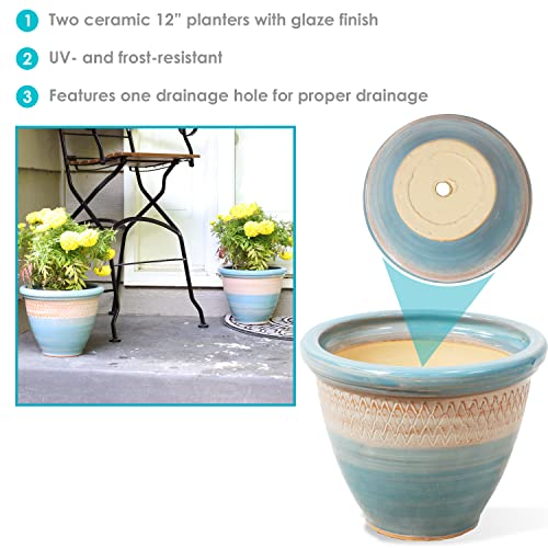 Sunnydaze Purlieu 12-Inch Outdoor/Indoor Ceramic Planters - Set of 2 -Shoreline