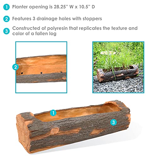 Sunnydaze 35-Inch Polyresin Rustic Log Planter with 3 Drainage Holes - 50-Quart Soil Capacity