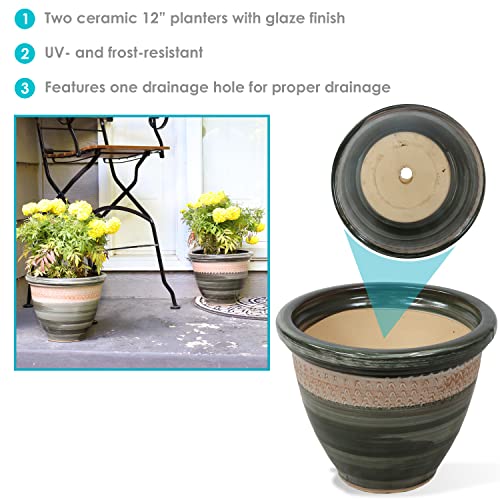 Sunnydaze Purlieu 12-Inch Outdoor/Indoor Ceramic Planters - Set of 2 -Tempest