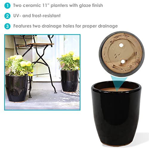 Sunnydaze Set of 2 Captivating Vista Ceramic Planters - Outdoor/Indoor Planter Pots with Drainage Hole for The Porch, Sunroom, or Yard - 11.5-Inch - Obsidian
