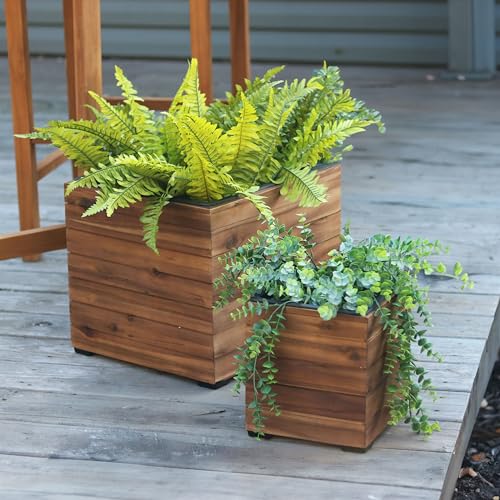 Sunnydaze Indoor/Outdoor Wooden Planter Boxes - 2 Acacia Wood Square Plant Pots with Removable Liners - Light Brown Stain