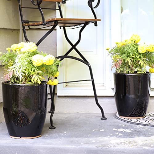 Sunnydaze Set of 2 Captivating Vista Ceramic Planters - Outdoor/Indoor Planter Pots with Drainage Hole for The Porch, Sunroom, or Yard - 11.5-Inch - Obsidian