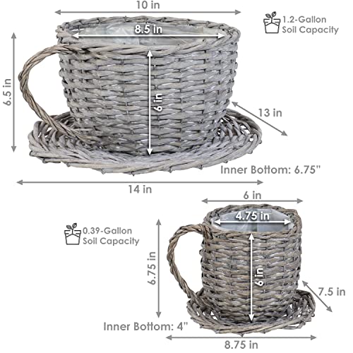 Sunnydaze Willow Wicker Coffee Cup Basket Planters - for Indoor Use Only - Set of 2 - Gray - Unique Teacup Shape - Features a Steel Wire Frame and Attached Plastic Liner