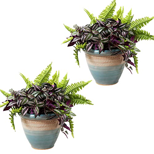 Sunnydaze Purlieu 12-Inch Outdoor/Indoor Ceramic Planters - Set of 2 -Shoreline
