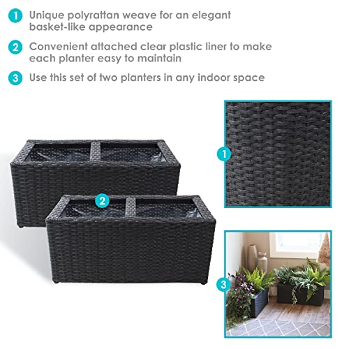 Sunnydaze 2-Section Polyrattan Rectangle Indoor Planters - 21.5 Inches W x 11.5 Inches D x 9.25 Inches H - Perfect for Gardening Flowers, Herbs, and Plants – Set of 2 - Black